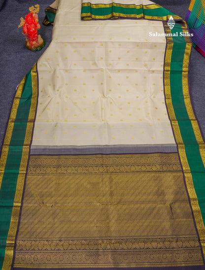 Korvai Beautiful Cream Sandal Pure Kanjivaram Silk Saree With Traditional Rettapet Border