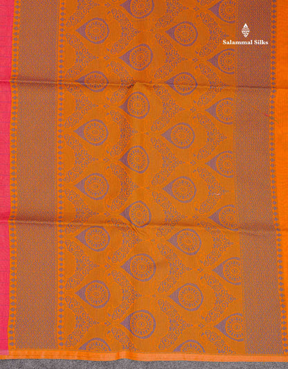 Beautiful Light Peach Fancy Kora Cotton Saree With Contrast Parrot Green Blouse