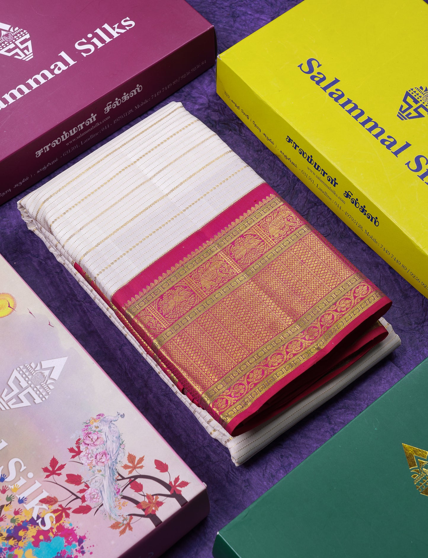 Korvai Beautiful White Pure Kanjivaram Silk Saree With Contrast Redish Pink Traditional Border