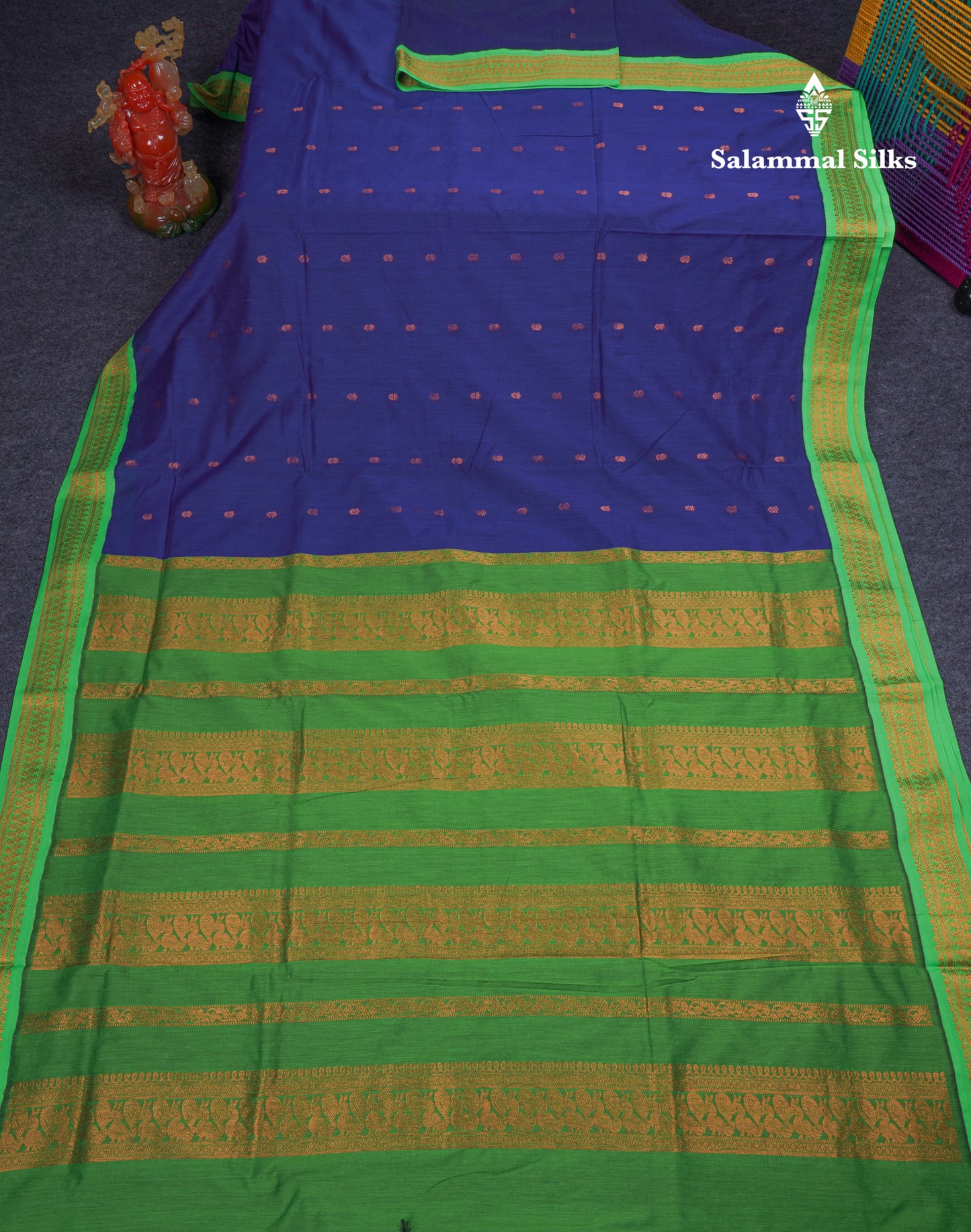 Beautiful Navy Blue Kalyani Cotton Saree With Contrast Parrot Green Blouse