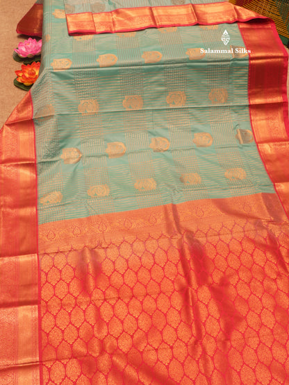 Ice Blue Colour Semi Silk Saree With Contrast Pink Border
