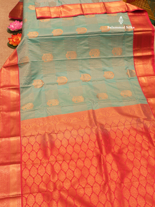 Ice Blue Colour Semi Silk Saree With Contrast Pink Border