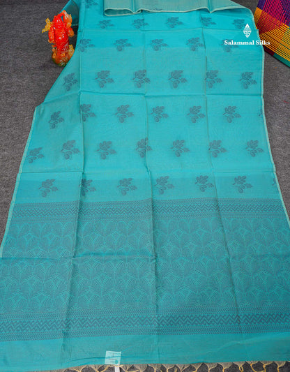 Beautiful Sapphire Blue Fancy Kora Cotton Saree With Blouse