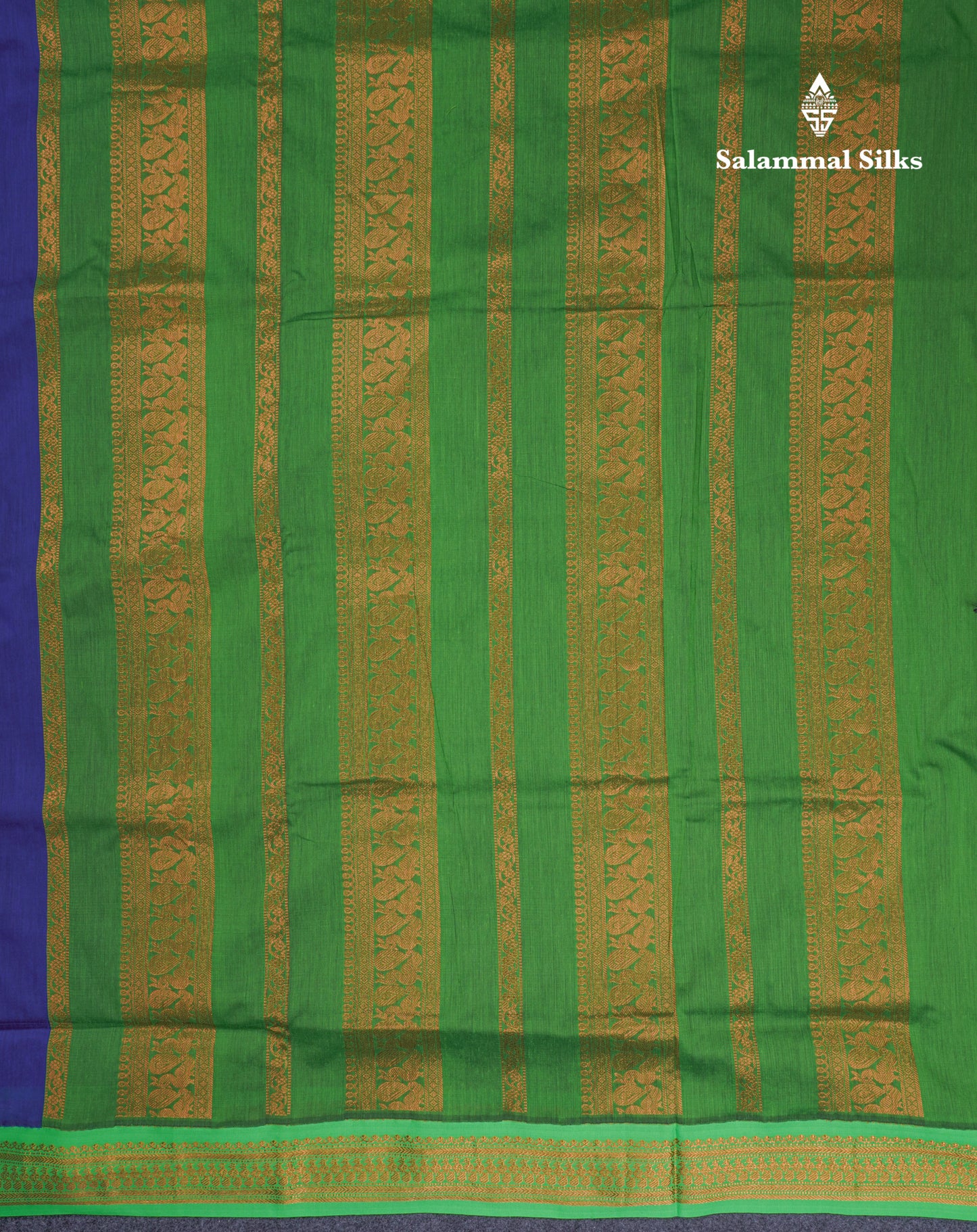 Beautiful Navy Blue Kalyani Cotton Saree With Contrast Parrot Green Blouse