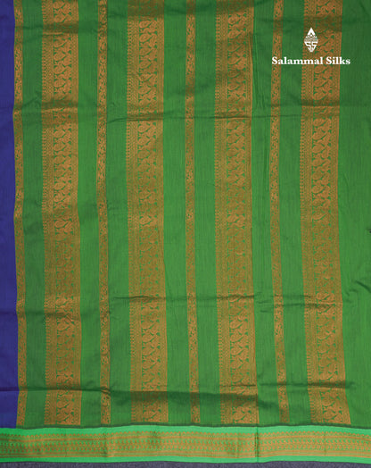 Beautiful Navy Blue Kalyani Cotton Saree With Contrast Parrot Green Blouse