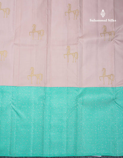 Korvai Beautiful Light Peach Fancy Pure Kanjivaram Silk Saree With Contrast Rexona One Side Long Border