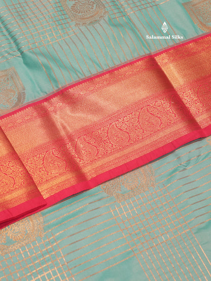 Ice Blue Colour Semi Silk Saree With Contrast Pink Border