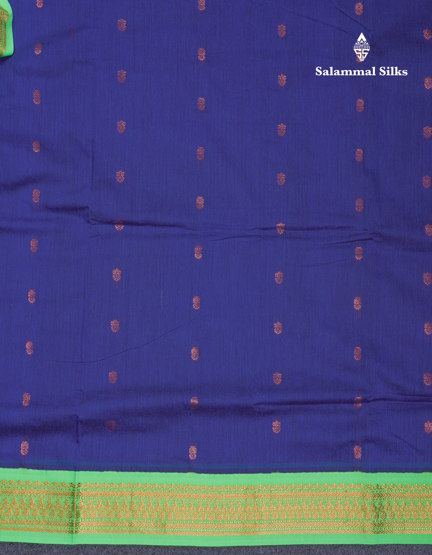 Beautiful Navy Blue Kalyani Cotton Saree With Contrast Parrot Green Blouse