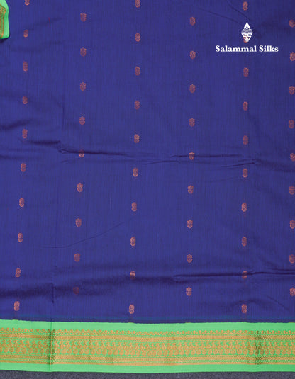 Beautiful Navy Blue Kalyani Cotton Saree With Contrast Parrot Green Blouse