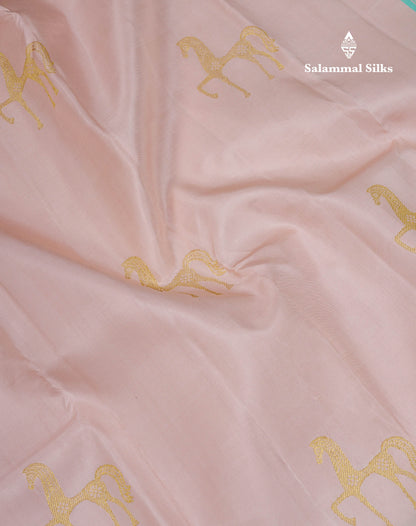 Korvai Beautiful Light Peach Fancy Pure Kanjivaram Silk Saree With Contrast Rexona One Side Long Border