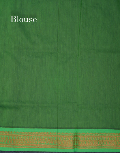 Beautiful Navy Blue Kalyani Cotton Saree With Contrast Parrot Green Blouse