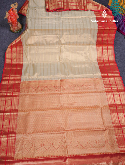 Beautiful Beige Tissue Bridal Pure Kanjivaram Silk Saree With Contrast Chilly Red Traditional Border