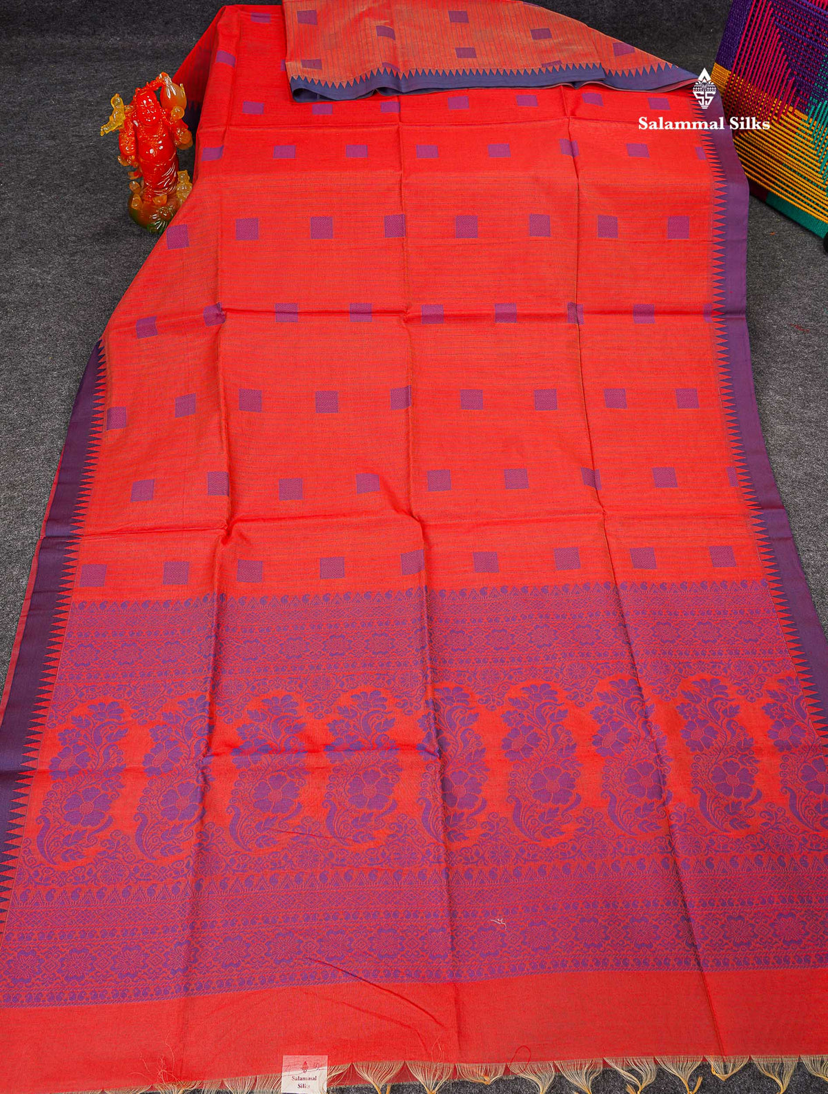 Tomato Red Beautiful Fancy Kora Cotton Saree With Contrast Violet Temple Small Border