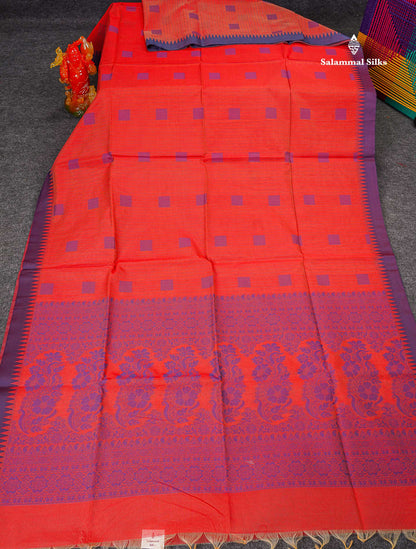Tomato Red Beautiful Fancy Kora Cotton Saree With Contrast Violet Temple Small Border
