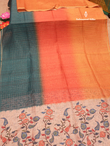 Fancy Cotton Mix Saree MultiColour Body Checks With Floral Kalamkari Blouse