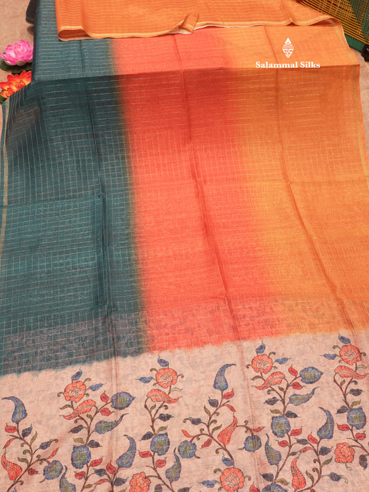 Fancy Cotton Mix Saree MultiColour Body Checks With Floral Kalamkari Blouse