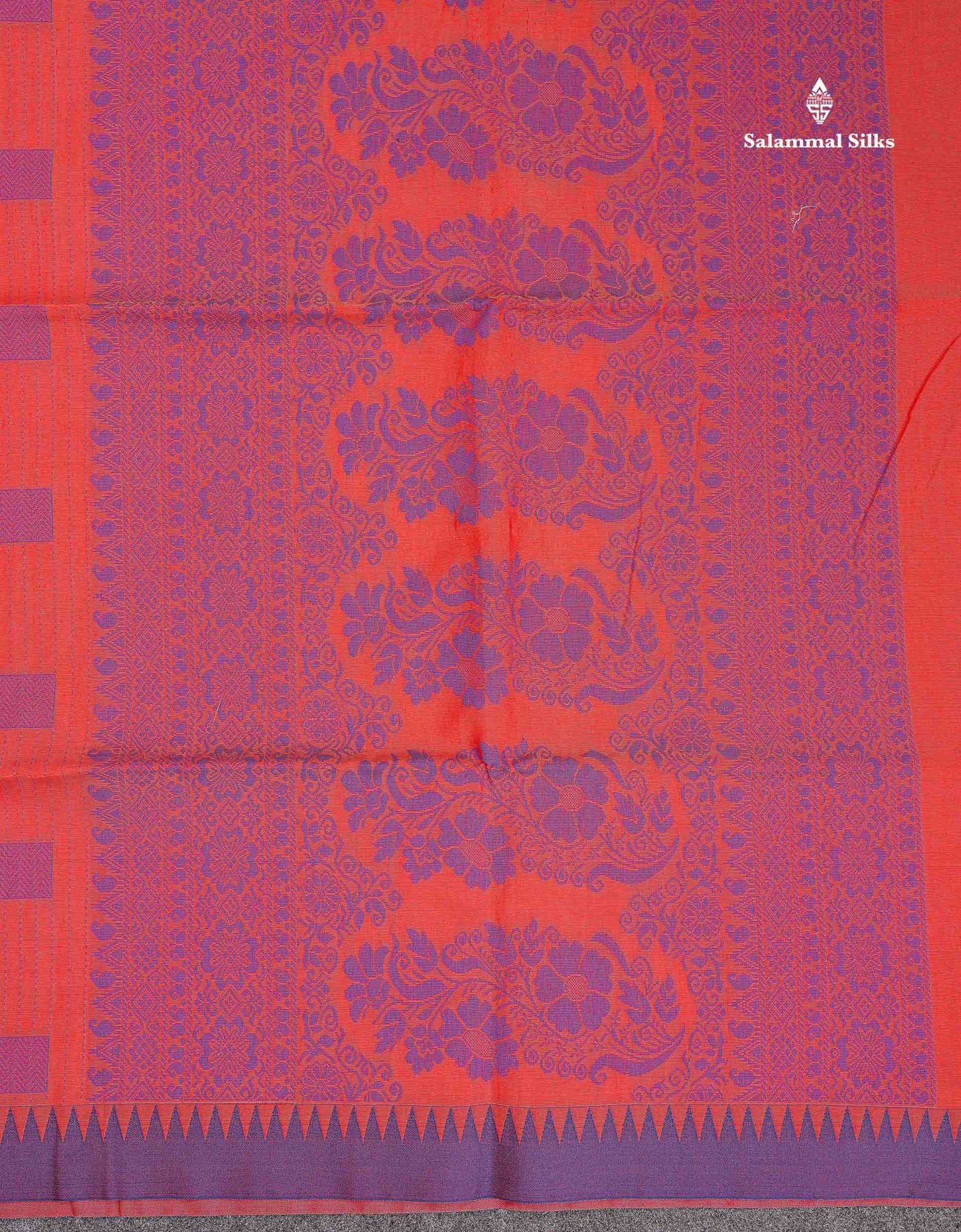 Tomato Red Beautiful Fancy Kora Cotton Saree With Contrast Violet Temple Small Border