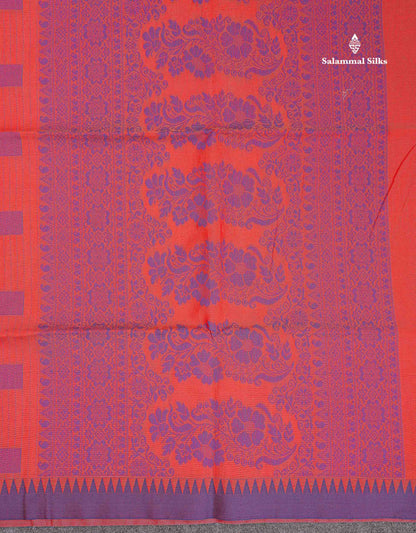 Tomato Red Beautiful Fancy Kora Cotton Saree With Contrast Violet Temple Small Border