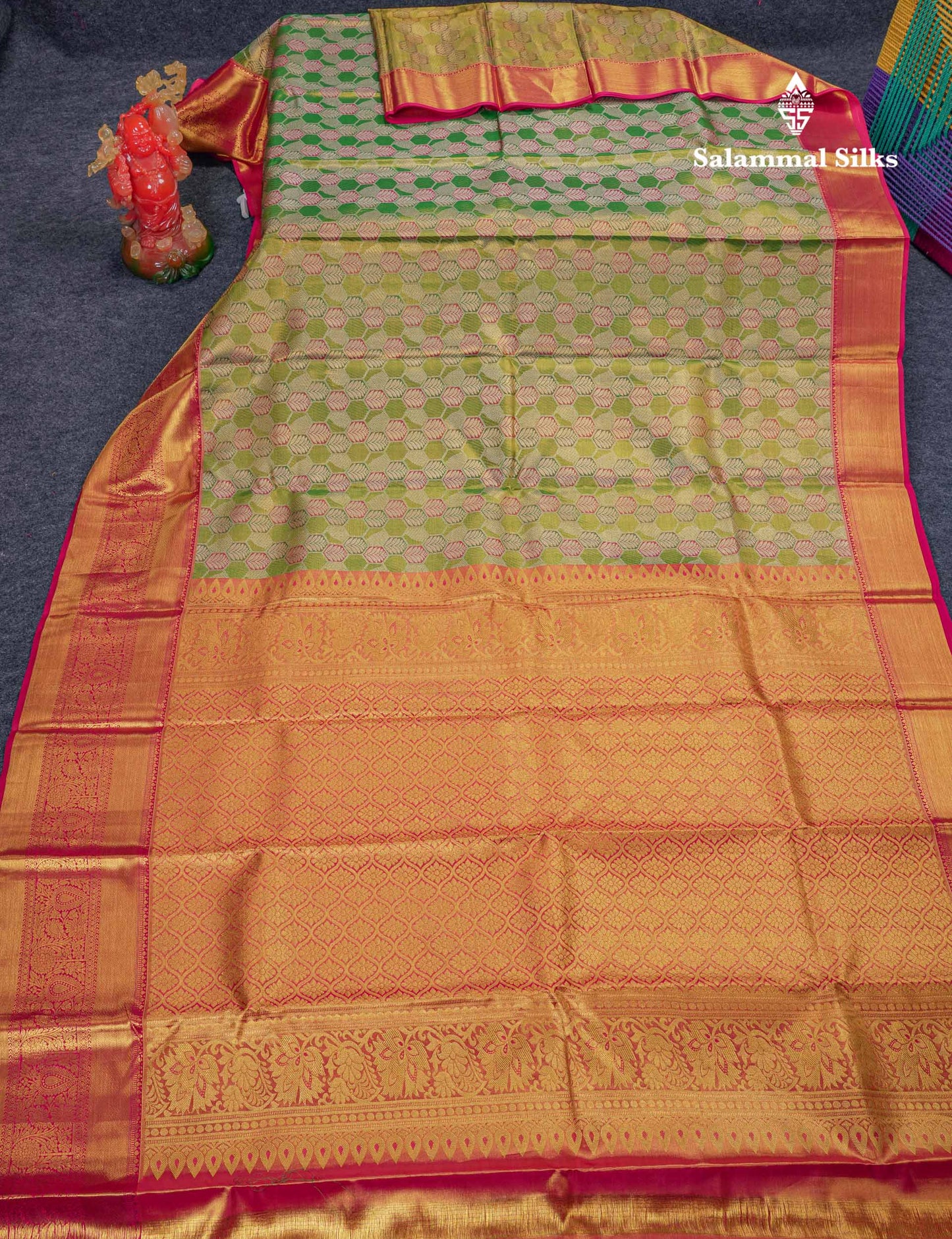 Beautiful Green Menakari Work Tissue Bridal Pure Kanjivaram Silk Saree With Contrast Pink Traditional Evening Morning Border