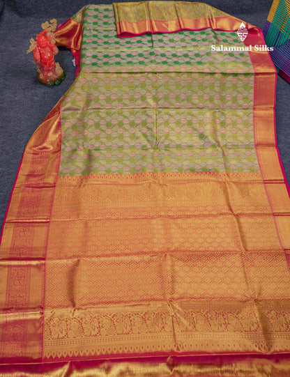 Beautiful Green Menakari Work Tissue Bridal Pure Kanjivaram Silk Saree With Contrast Pink Traditional Evening Morning Border
