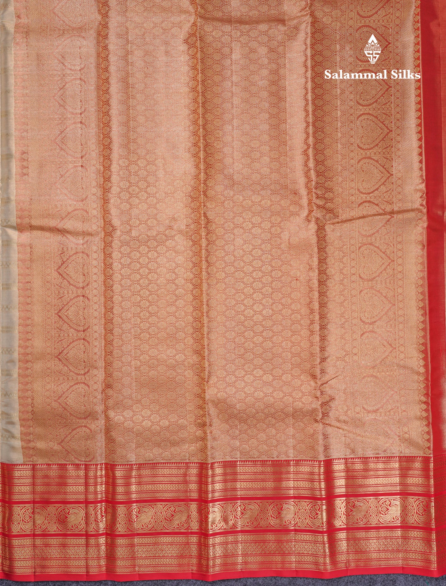 Beautiful Beige Tissue Bridal Pure Kanjivaram Silk Saree With Contrast Chilly Red Traditional Border