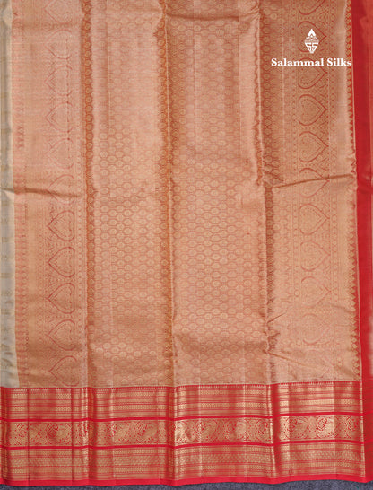 Beautiful Beige Tissue Bridal Pure Kanjivaram Silk Saree With Contrast Chilly Red Traditional Border
