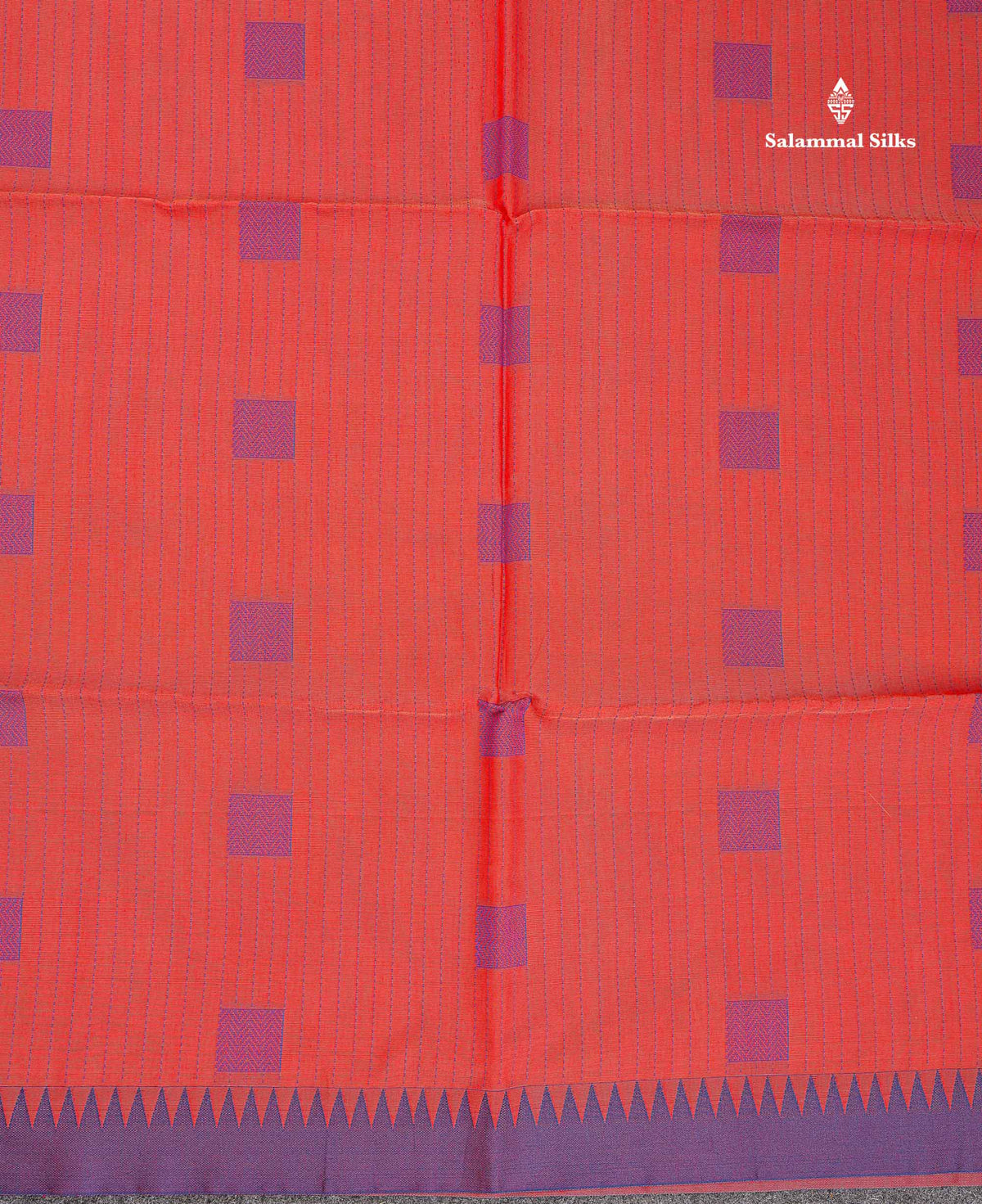 Tomato Red Beautiful Fancy Kora Cotton Saree With Contrast Violet Temple Small Border