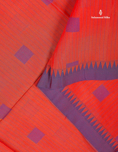 Tomato Red Beautiful Fancy Kora Cotton Saree With Contrast Violet Temple Small Border
