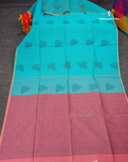 Sky Blue Beautiful Fancy Kora Cotton Saree With Contrast Baby Pink Blouse