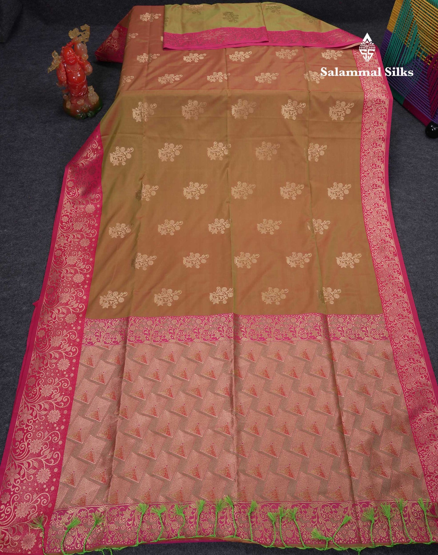 Beautiful Manthulir Yellow Semi Silk Saree With Contrast Pink Fancy Border