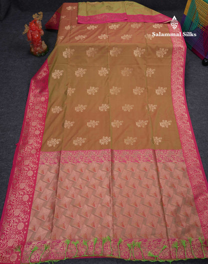 Beautiful Manthulir Yellow Semi Silk Saree With Contrast Pink Fancy Border