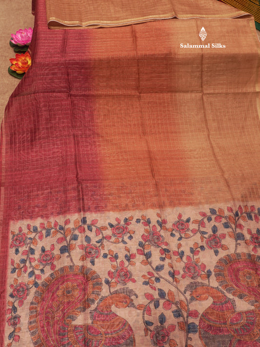 Fancy Cotton Mix Saree MultiColour Body Checks With Floral Kalamkari Blouse