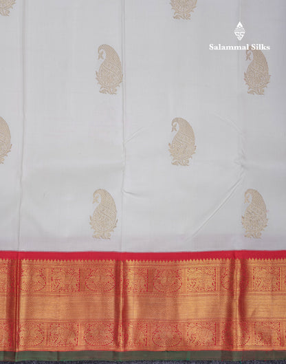 Koravi White Pure Kanjivaram Silk Saree With Contrast Chilly Red Traditional Border