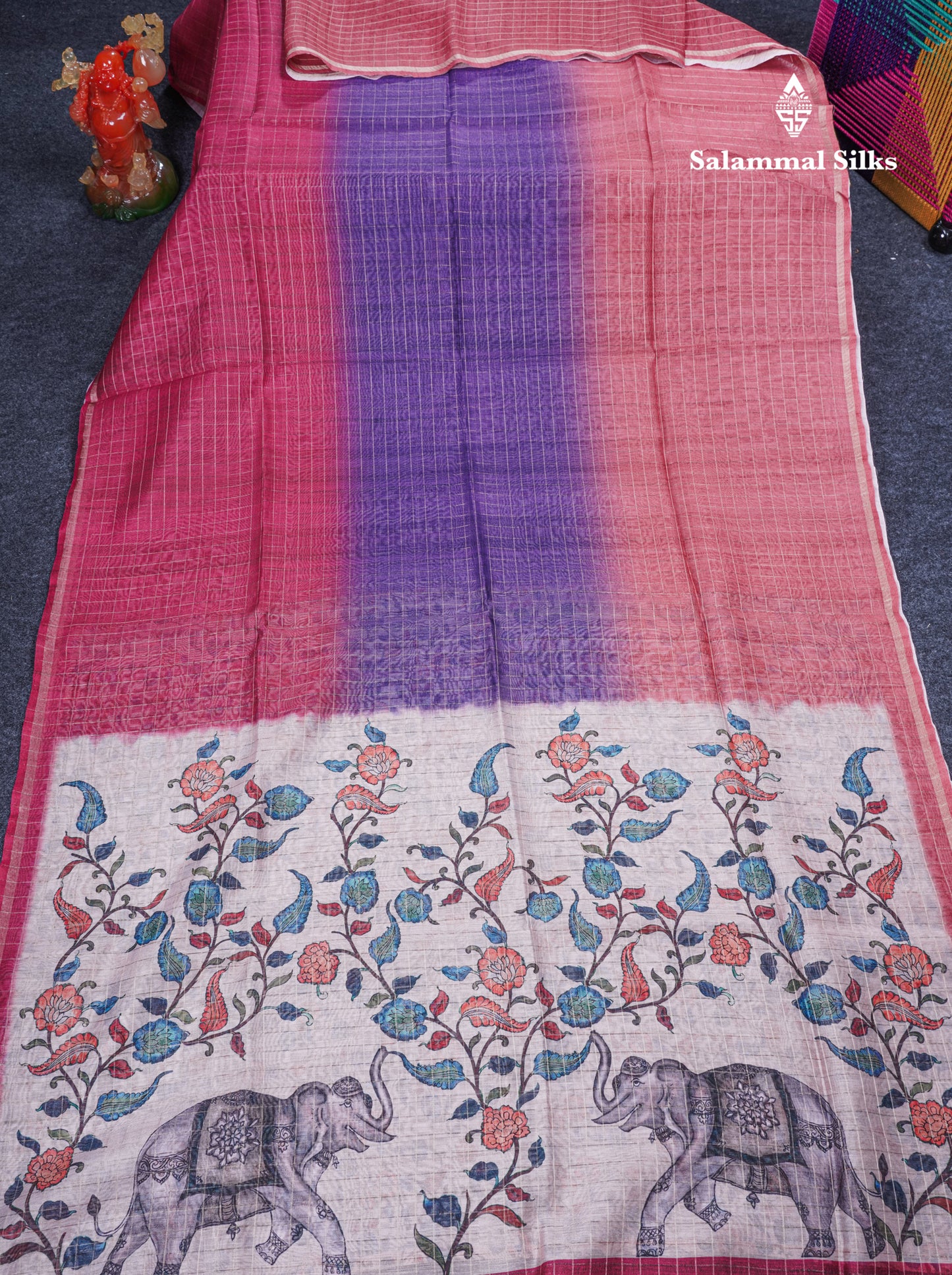 Multicolour Fancy Body Checks Cotton Mix Saree With Floral Kalamkari Blouse