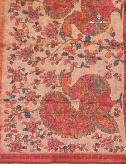 Fancy Cotton Mix Saree MultiColour Body Checks With Floral Kalamkari Blouse