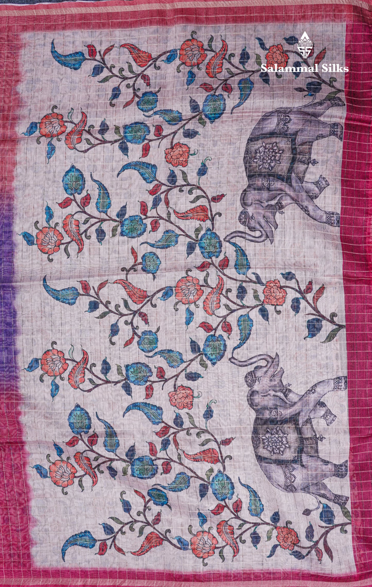 Multicolour Fancy Body Checks Cotton Mix Saree With Floral Kalamkari Blouse