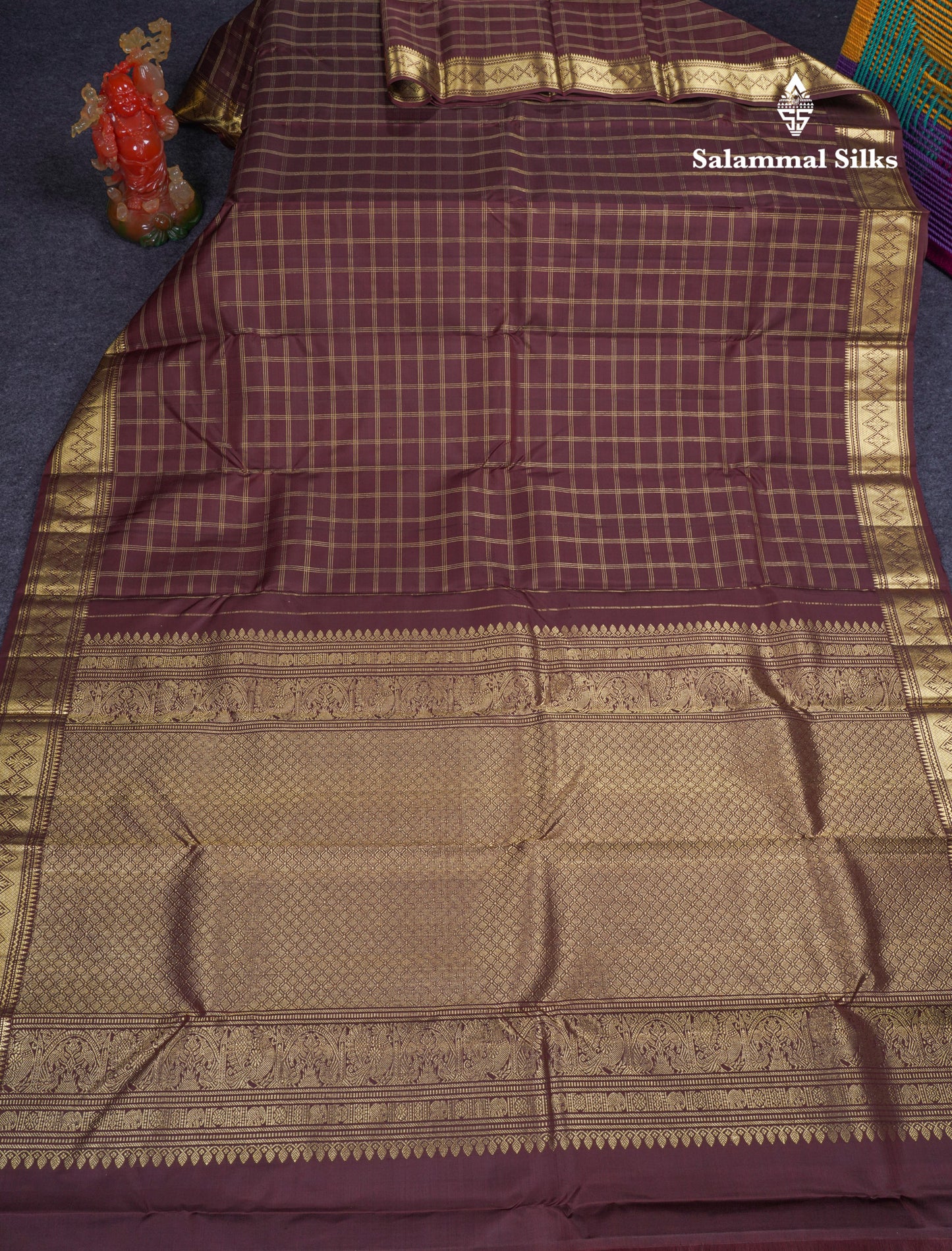 Dark Brown Zari Checks Pure Kanjivaram Silk Saree With Traditional Border