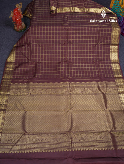 Dark Brown Zari Checks Pure Kanjivaram Silk Saree With Traditional Border