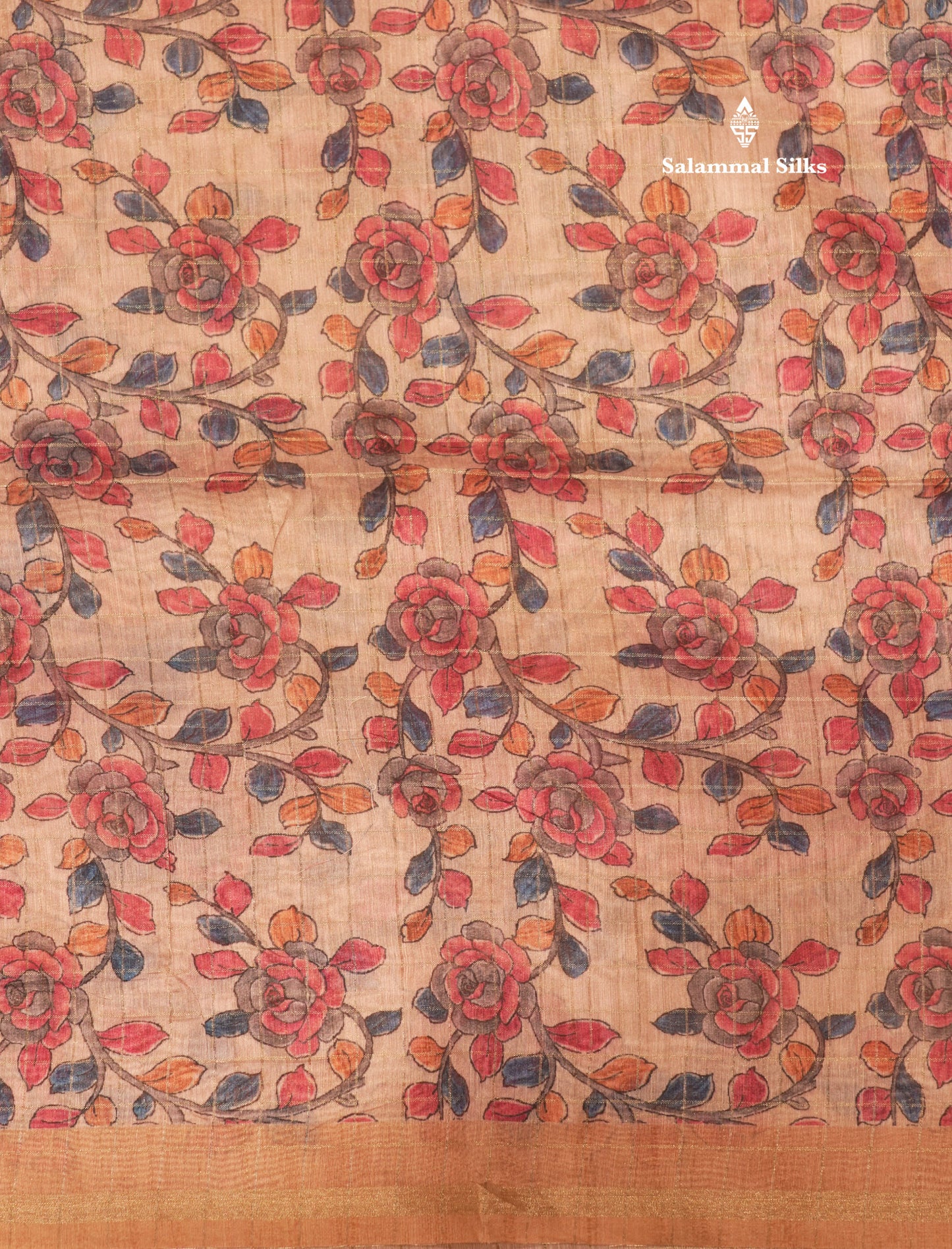 Fancy Cotton Mix Saree MultiColour Body Checks With Floral Kalamkari Blouse