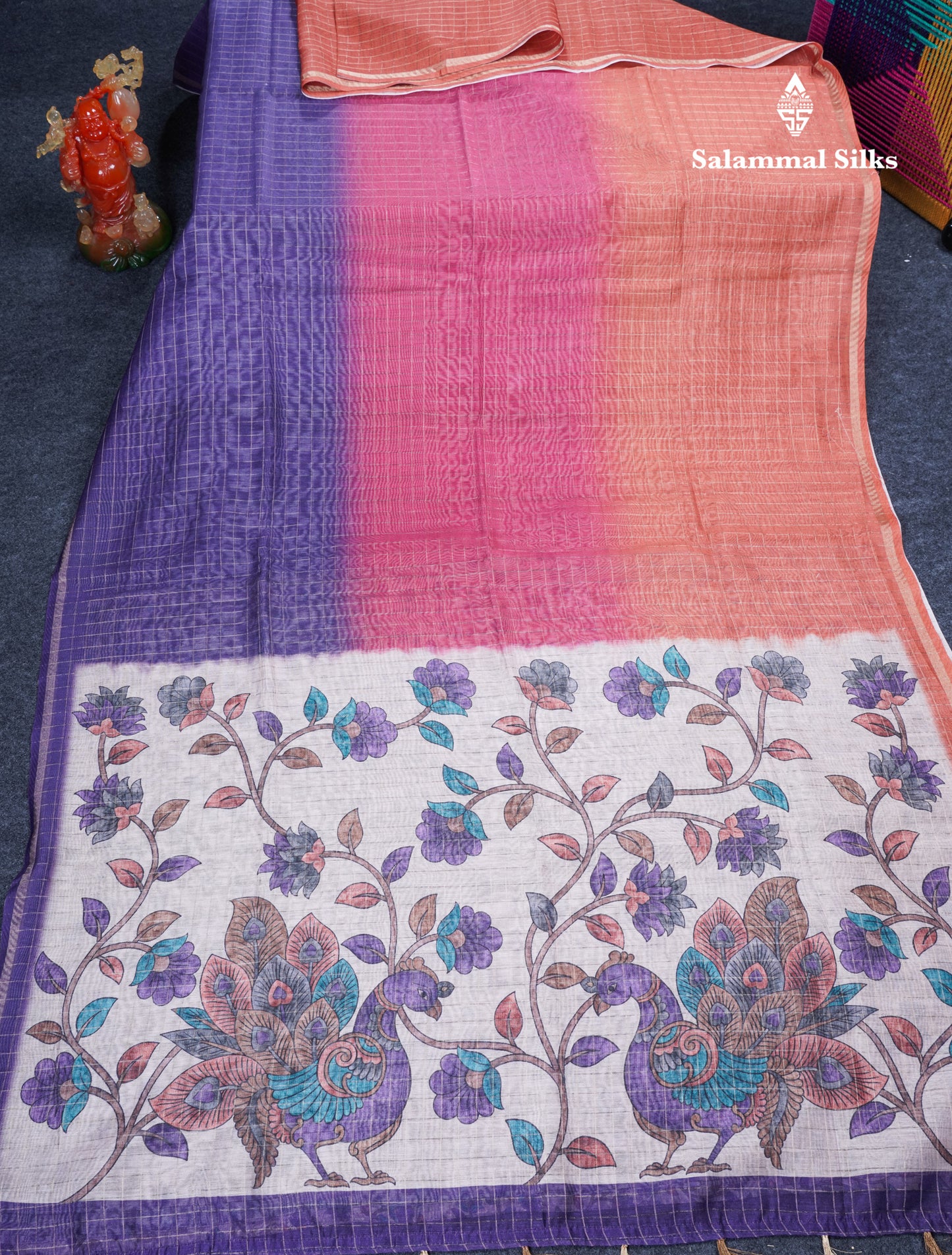 Multicolour Fancy Body Checks Cotton Mix Saree With Floral Kalamkari Blouse