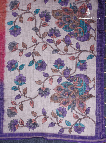 Multicolour Fancy Body Checks Cotton Mix Saree With Floral Kalamkari Blouse