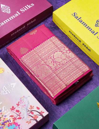 Beautiful Pink Vaira Oosi Lines Pure Kanjivaram Silk Saree With Traditional Evening Morning Border