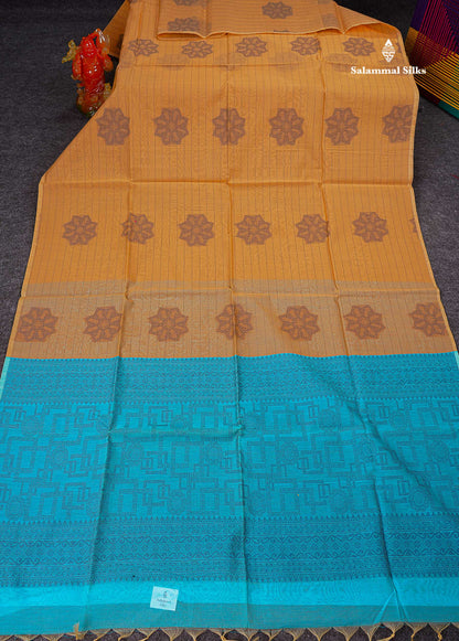 Peach Beautiful Fancy Kora Cotton Saree With Contrast Sky Blue Blouse