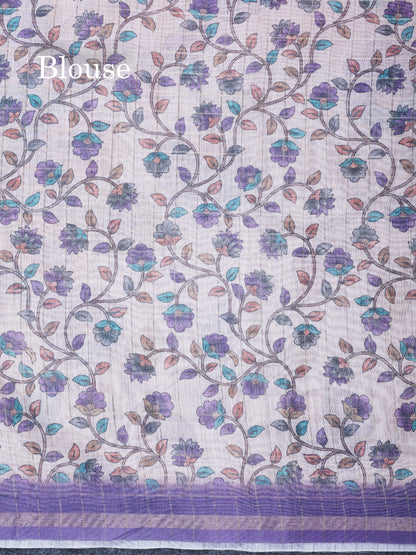 Multicolour Fancy Body Checks Cotton Mix Saree With Floral Kalamkari Blouse