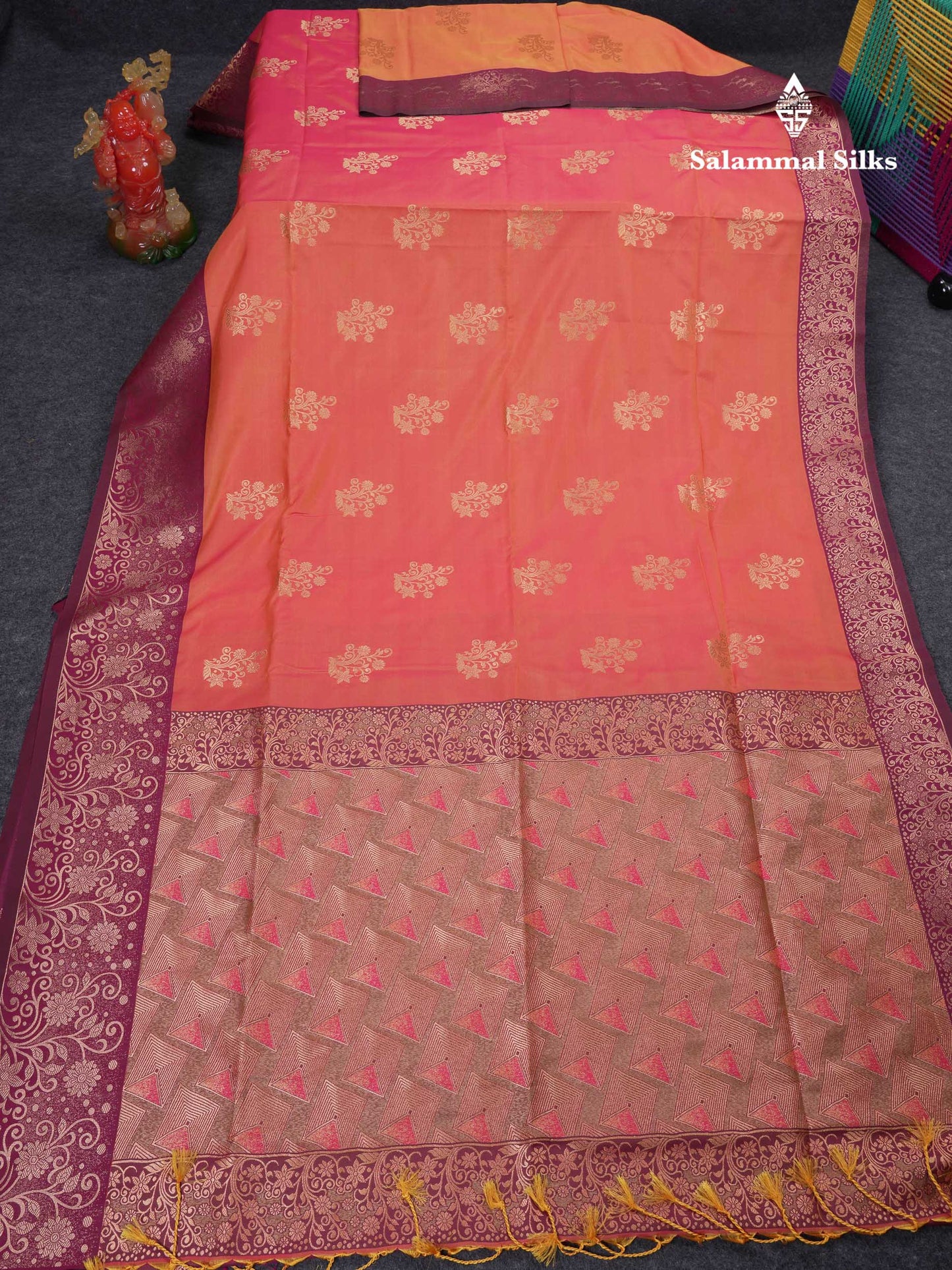 Beautiful Manthulir Yellow Semi Silk Saree With Contrast Pink Fancy Border