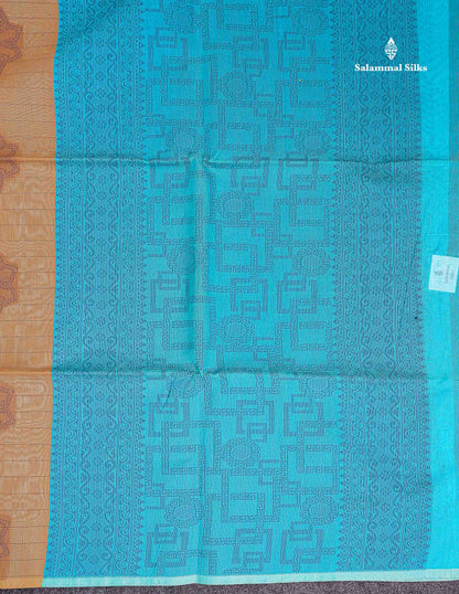 Peach Beautiful Fancy Kora Cotton Saree With Contrast Sky Blue Blouse