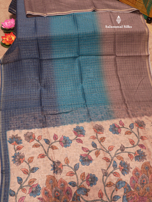 Fancy Cotton Mix Saree MultiColour Body Checks With Floral Kalamkari Blouse