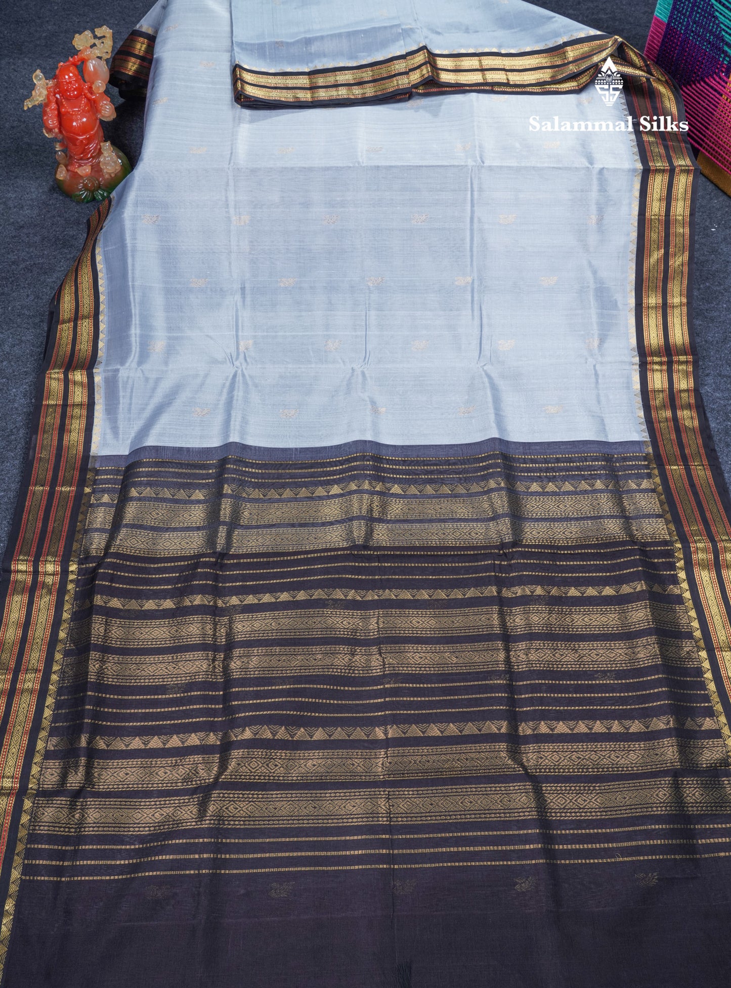 Blueish Grey Pure Silk Cotton Saree With Contrast Black Traditional Border