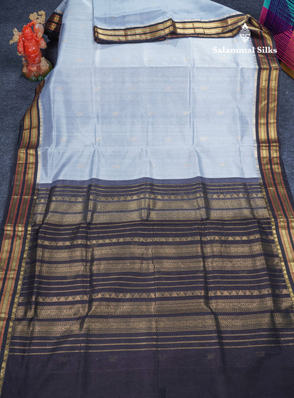 Blueish Grey Pure Silk Cotton Saree With Contrast Black Traditional Border