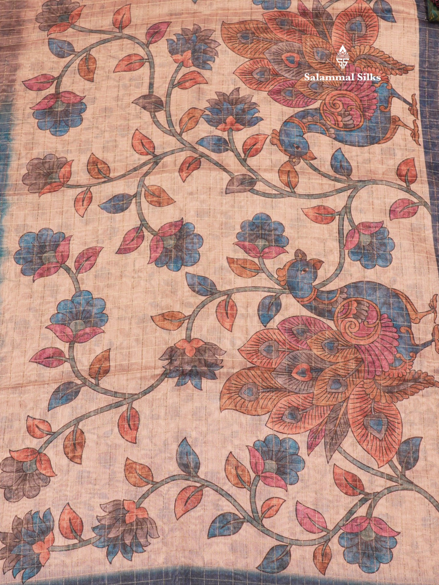 Fancy Cotton Mix Saree MultiColour Body Checks With Floral Kalamkari Blouse